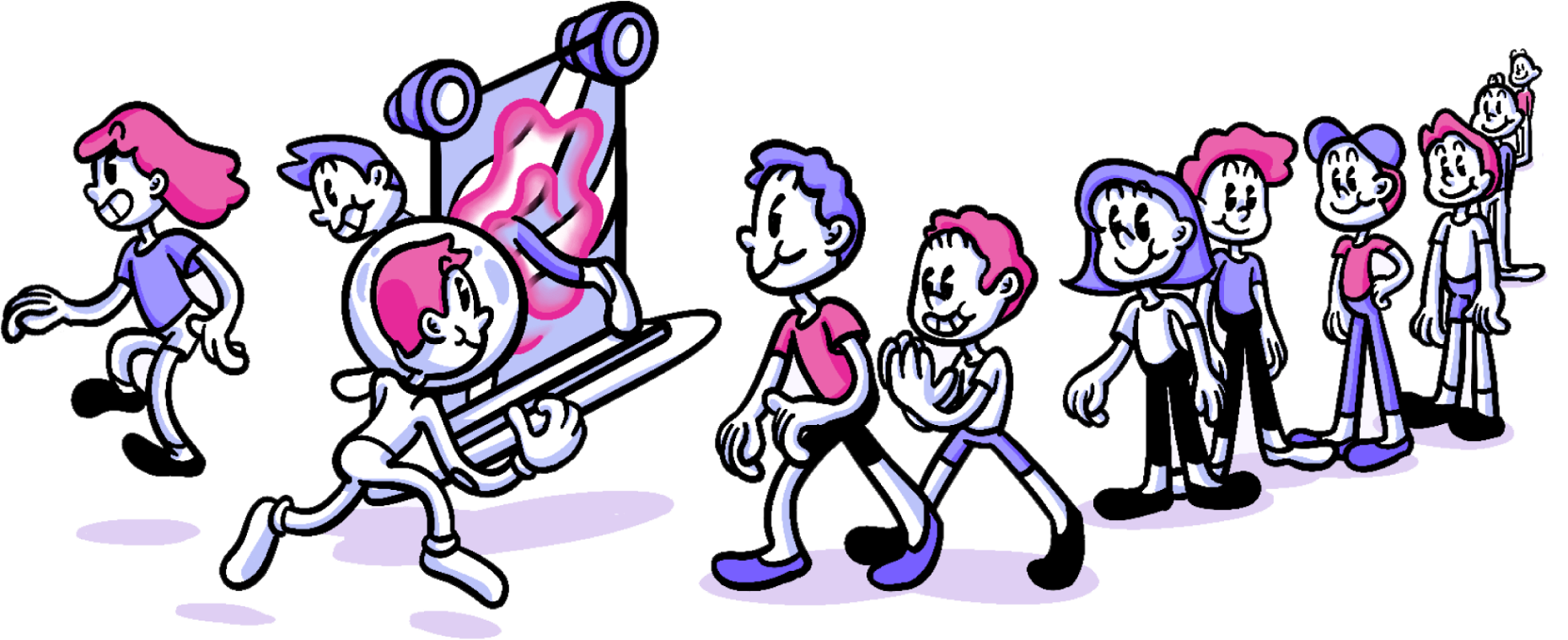 People standing in a line moving through a portal cartoonized