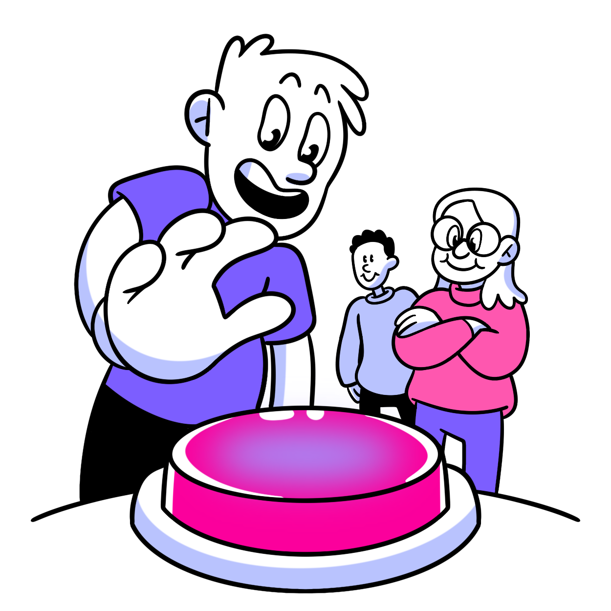 Man pushing button while two others watch.