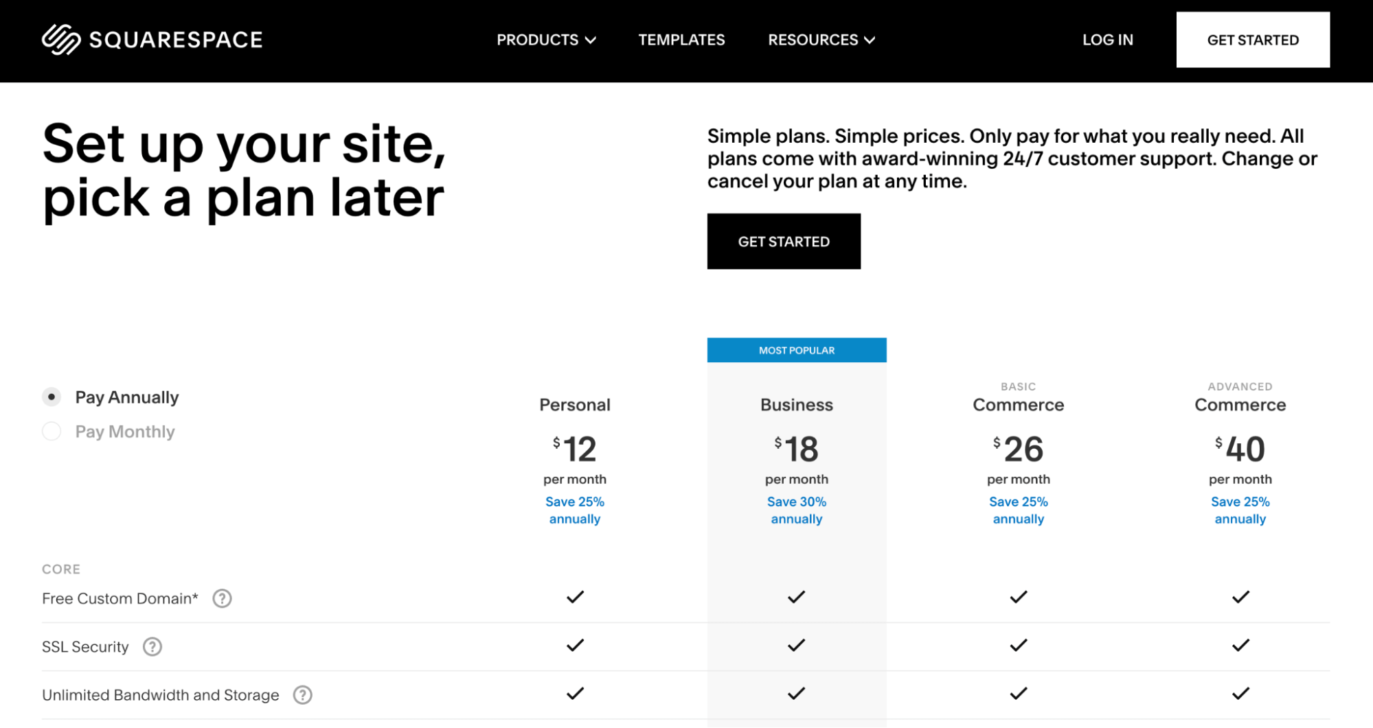 Squarespace pricing page
