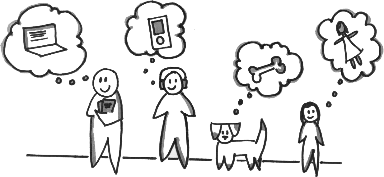 A conceptual illustration of a family showing customer profiles with thought bubbles.
