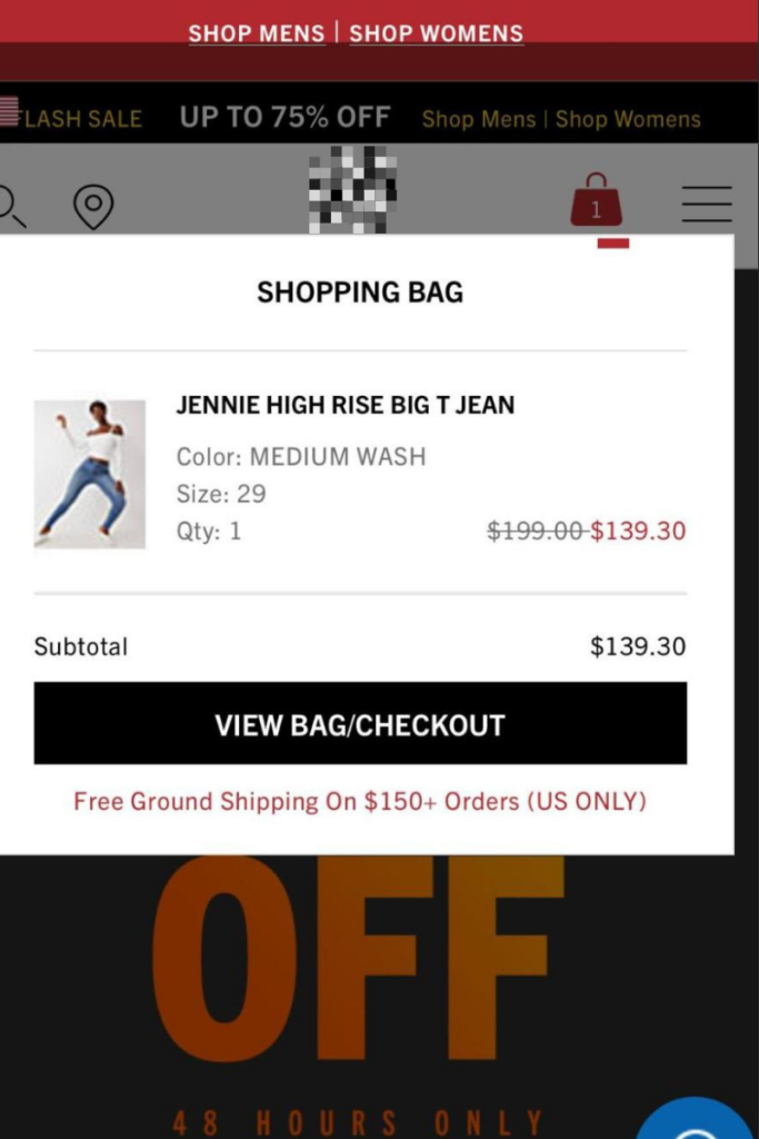 Pop up at popular retail fashion brand website.