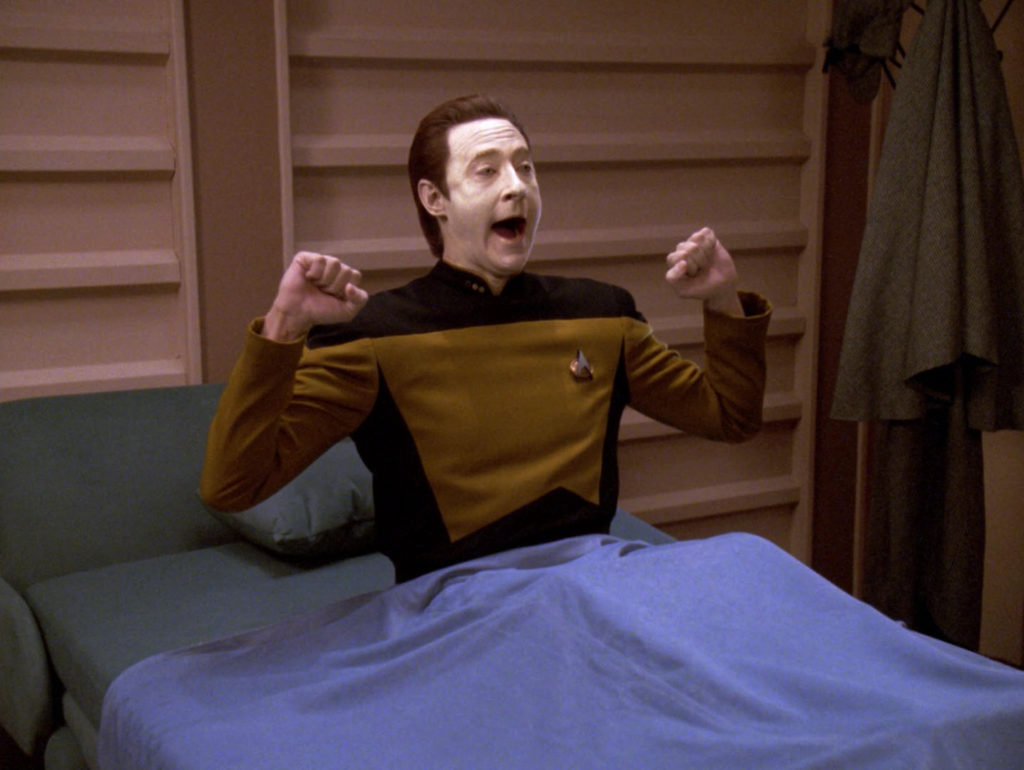 Data from Star Trek: The Next Generation in sheets. Get it, Data Sheets?