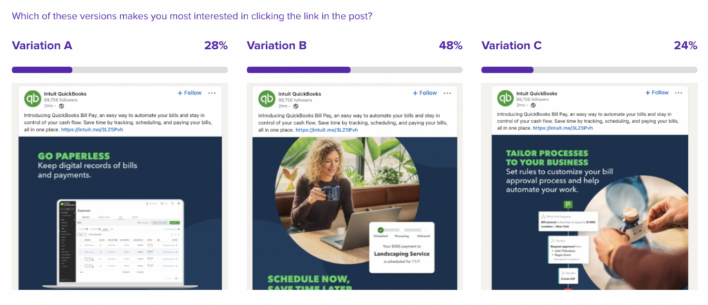 example of how brand research can be applied through testing ad variations on linkedin