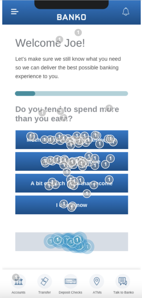user motivation example: click test results from survey screen, isolating users who opted to skip the survey to better understand why