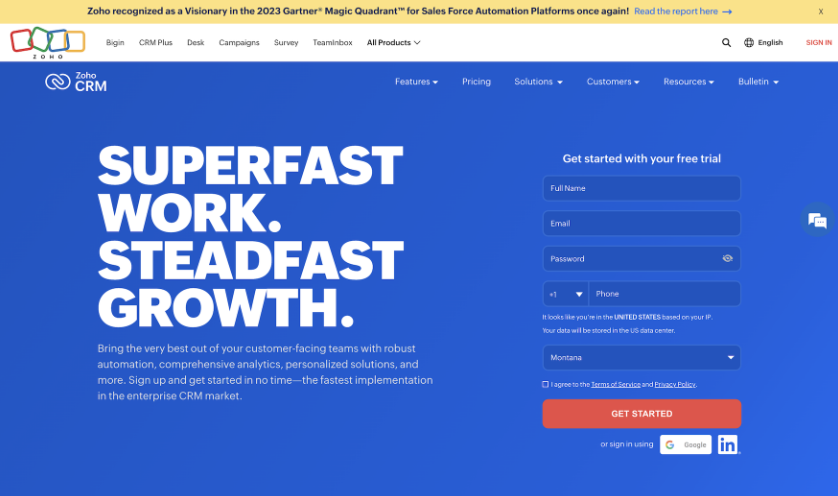 Zoho landing page