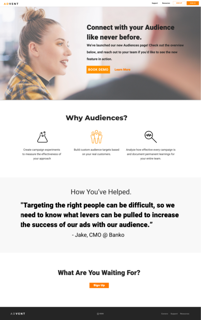 Advent’s product update page introduced the new Audience feature.